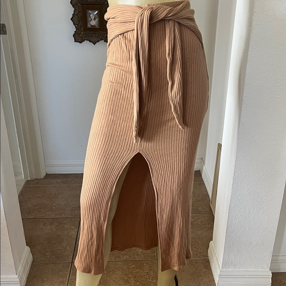 Reformation Tan Ribbed Pencil Skirt